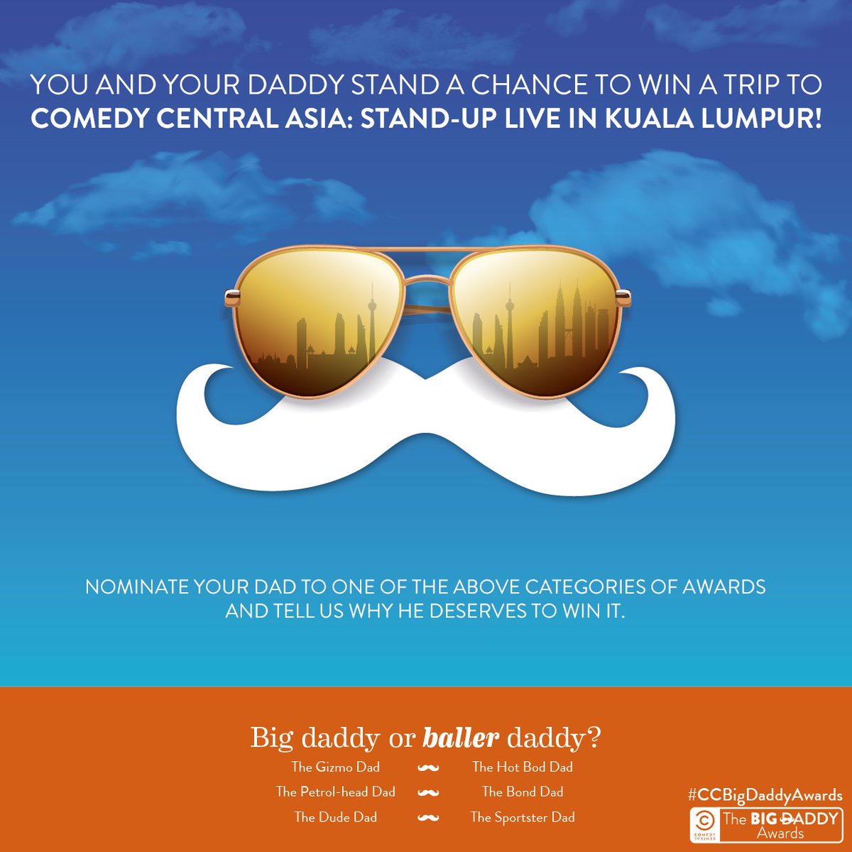 ComedyCentralIn's tweet photo. You and your dad can win a trip to Kuala Lumpur with #CCBigDaddyAwards #contest. Nominate him to one of these categories now!
#ContestAlert https://t.co/t7JtvQrlTY