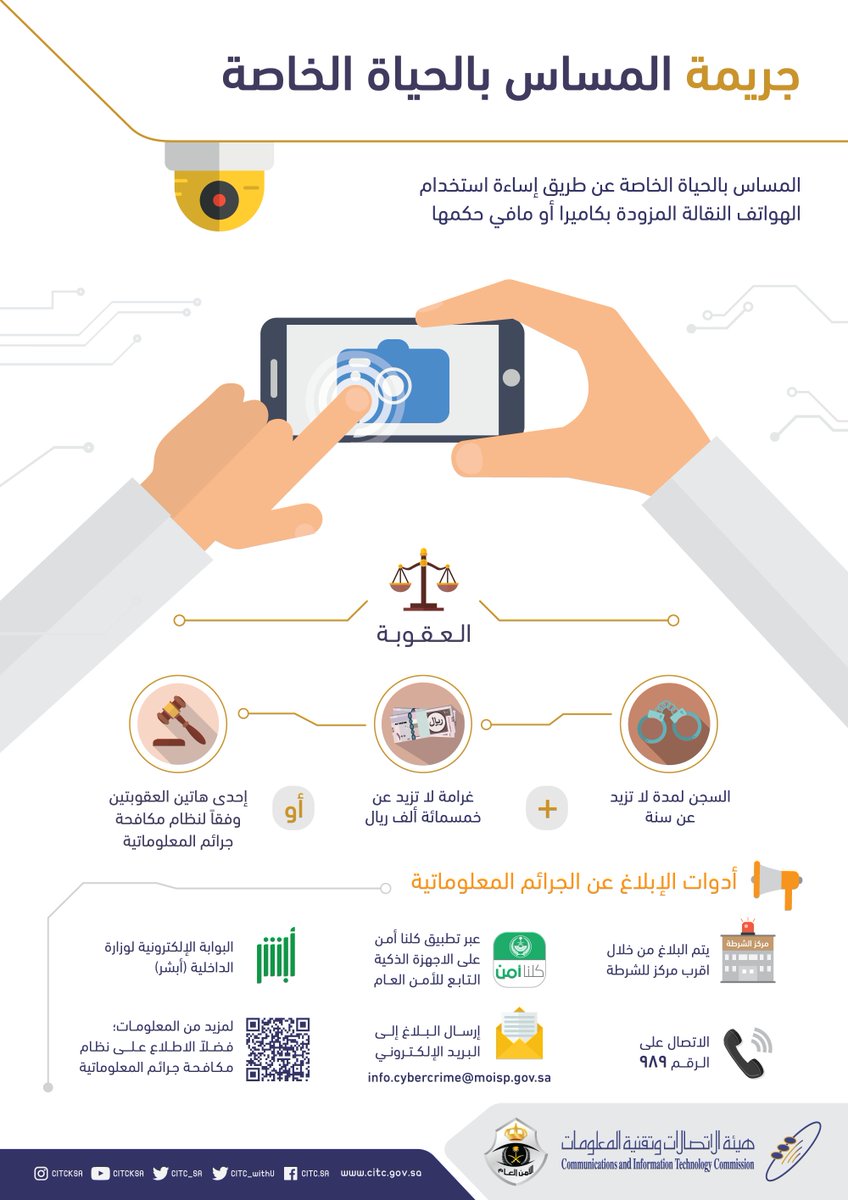 CST_KSA's tweet photo. يعد المساس بالحياة الخاصة عن طريق اساءة استخدام الهواتف النقالة المزودة بكاميرا #جريمة_معلوماتية يعرض مرتكبها للسجن والغرامة. https://t.co/GObhjENGN9