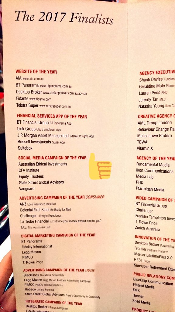 Australian Ethical is a finalist at the MAX Award tonight. Go team! #FSMAX <a href="/FinStd/">Financial Standard</a>