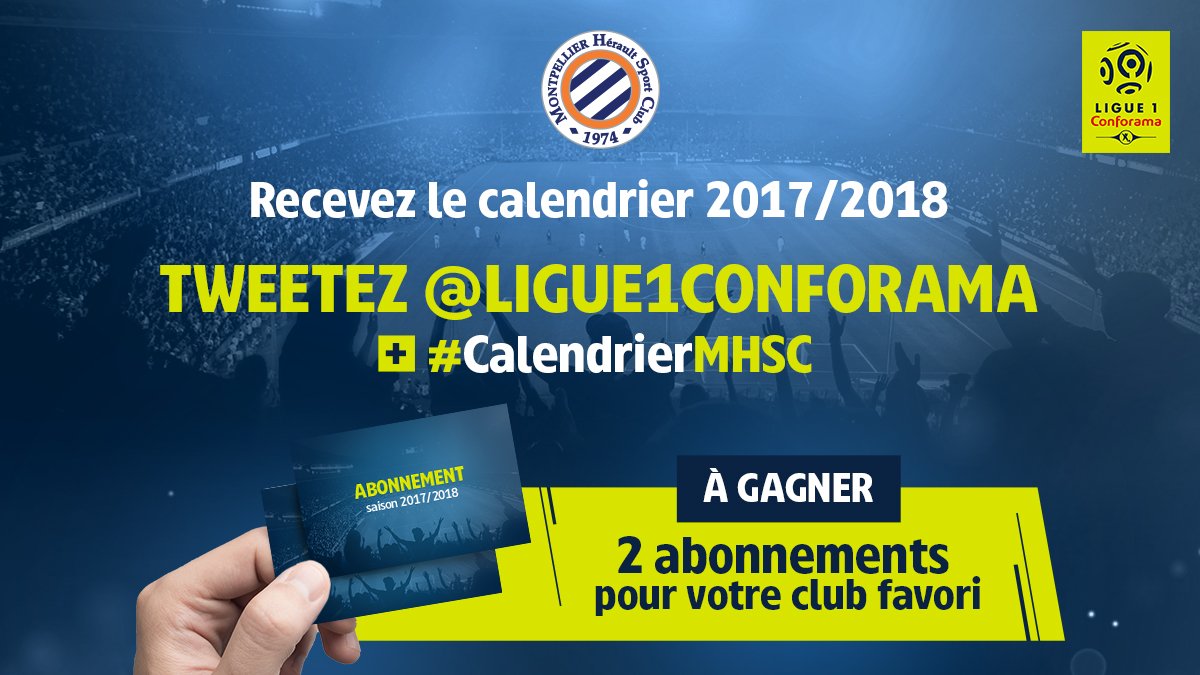 MontpellierHSC's tweet photo. Le calendrier 2017/2018 est sorti ! Recevez celui du #MHSC en tweetant @Ligue1Conforama + #CalendrierMHSC et tentez de gagner 2 abonnements https://t.co/KTDHBIyqYG
