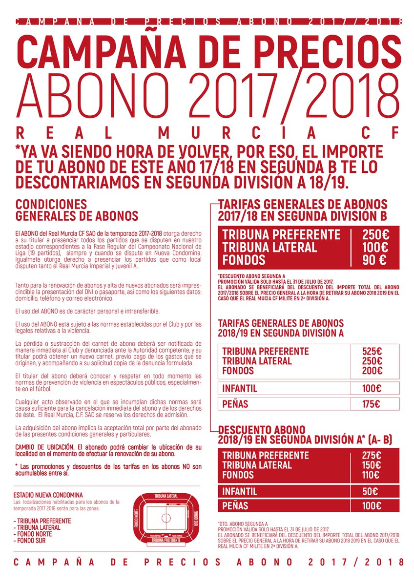 realmurciacfsad's tweet photo. CAMPAÑA DE PRECIOS 2017/2018.
Ya va siendo hora de volver, por eso el importe de tu abono 17/18 en 2ªB te lo descontaríamos en 2ªA 18/19. https://t.co/kDybr7Yewy