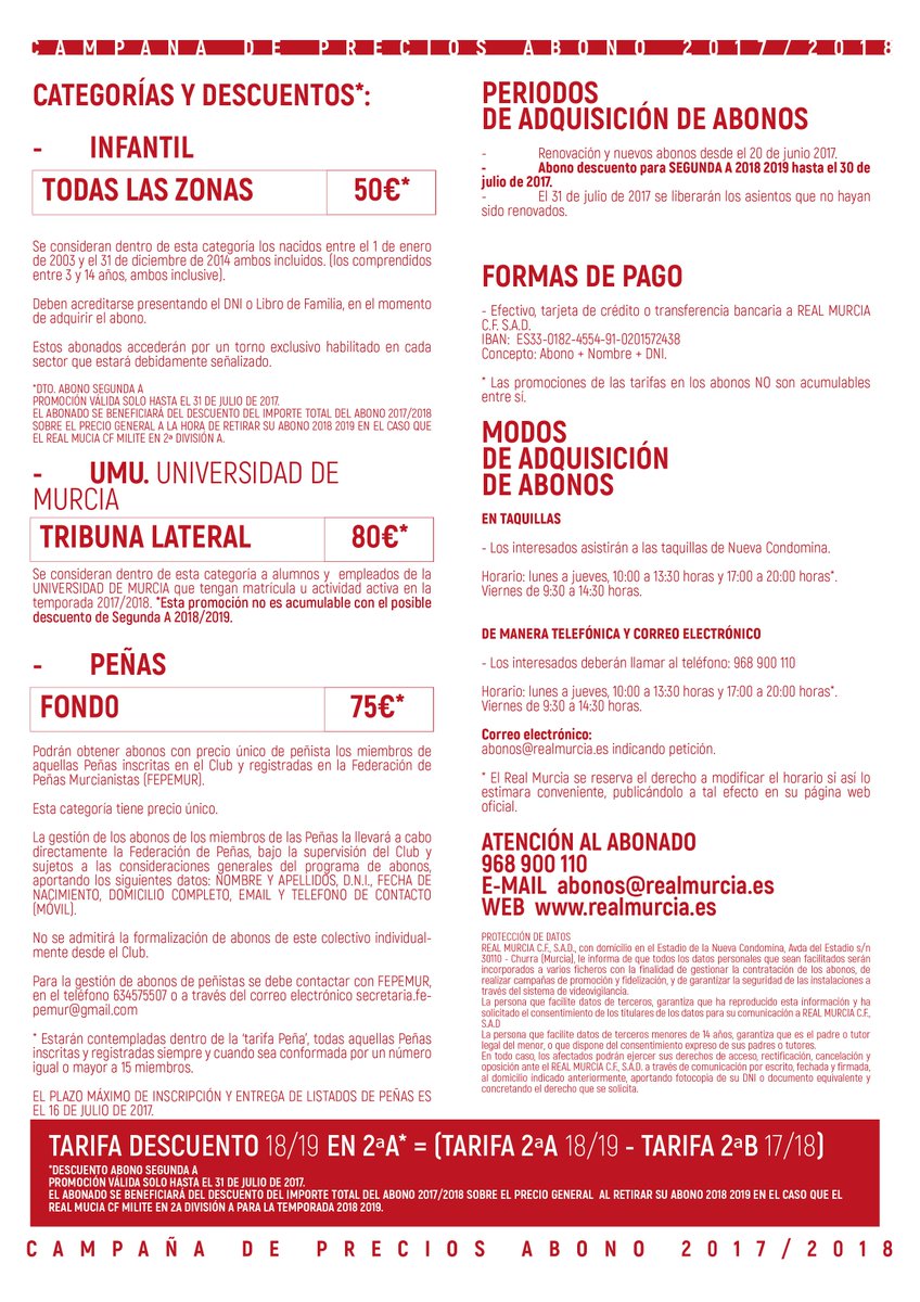 realmurciacfsad's tweet photo. CAMPAÑA DE PRECIOS 2017/2018.
Ya va siendo hora de volver, por eso el importe de tu abono 17/18 en 2ªB te lo descontaríamos en 2ªA 18/19. https://t.co/kDybr7Yewy