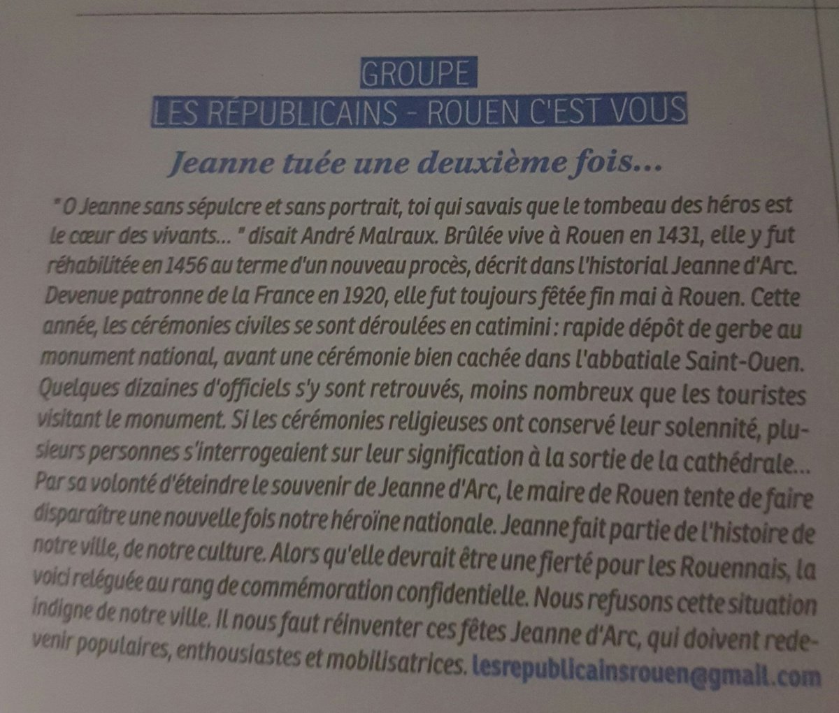 jf_bures's tweet photo. Retrouvez l'intervention du groupe LR dans le magazine de #Rouen où nous dénonçons la confidentialité des fêtes Jeanne d'Arc.
#culture https://t.co/CtJMUwKhPu