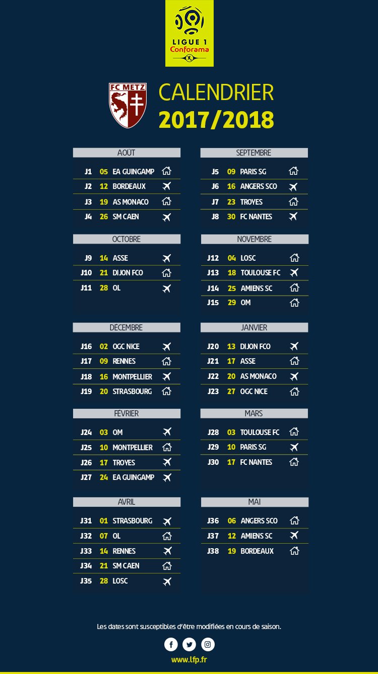 Calendrier Fc Metz 2023 Ligue 1 Conforama] Le Calendrier Du Fc Metz Saison 2017/2018 - Forum Du Fc  Metz