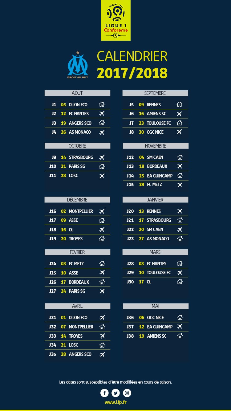 Le calendrier de Marseille pour la saison 2017-2018 - Ligue 1