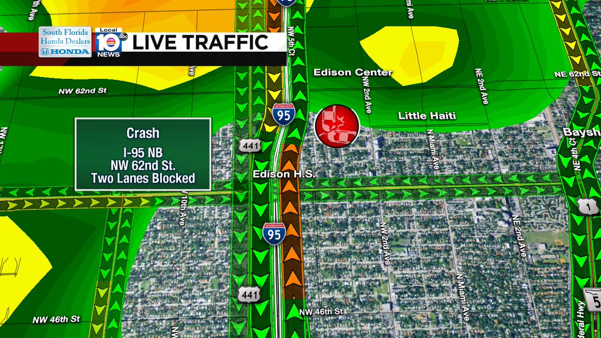 UPDATE: Second crash at I-95 NB & NW 62nd St. Two lanes are blocked. Expect heavy delays. #TRAFFIC #MIAMI https://t.co/HgvzH0sZVv