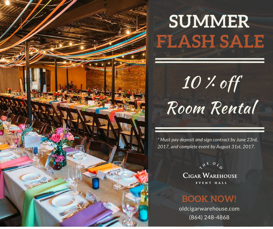 Book by June 23rd and receive 10% off your room rental with our #summer flash #sale! Visit oldcigarwarehouse.com to learn more.