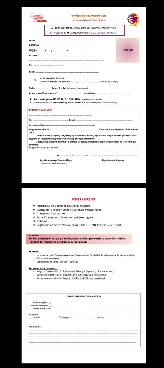ChristineASSARD's tweet photo. Fiche d'inscription camp 973 IBC 2017 
International Basketball Camp de 4 à 19 ans ! 
Nouveauté : atelier gestion des blessures https://t.co/mdslTL7bUq