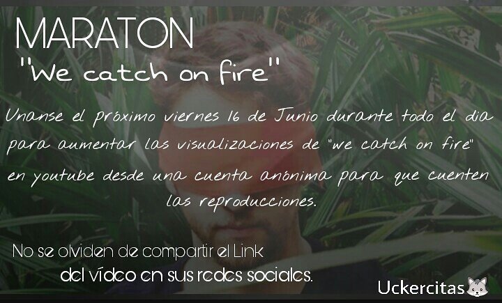 ChrisUckeOsorio's tweet photo. #MAÑANAAPOYEMOS la #MARATÓN para aumentar los views  
#Wecatchonfire en apoyo a @christopheruck 🐺👍❤️
 👉https://t.co/yNWpxBt9tP https://t.co/6fEIcIuDqb