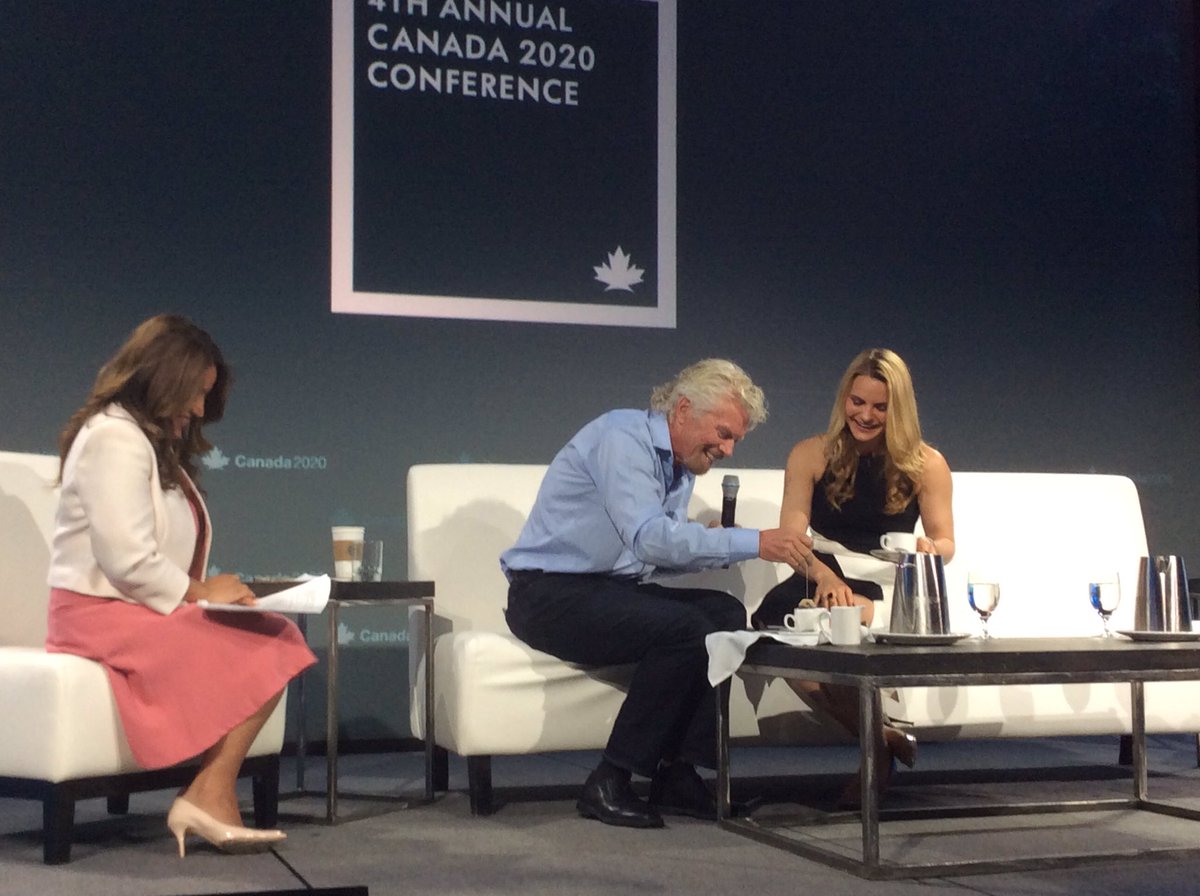 sd_macdonald's tweet photo. Best moment in 11 years of @Canada2020 - Sir Richard Branson makes tea for @MicheleRomanow on the panel https://t.co/1m5BIWvHSK