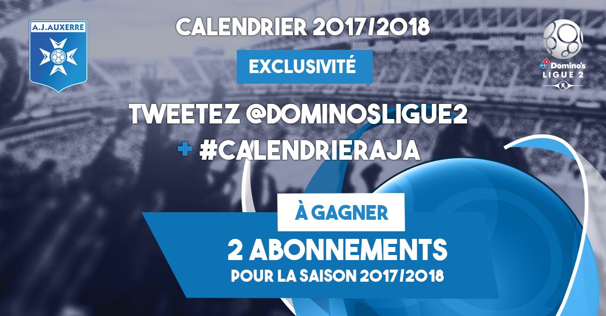 🙌 Recevez le calendrier 2017/2018 de l’AJA en tweetant <a href="/DominosLigue2/">Ligue 2 BKT</a> + #CalendrierAJA et tentez de gagner 2 abonnements ! #TeamAJA 🔵⚪️