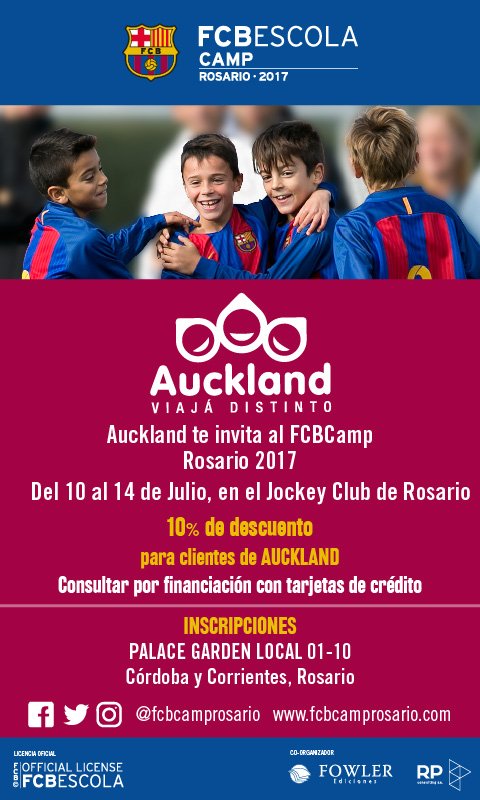 viajadistinto's tweet photo. #Auckland te invita al FCBCamp #Rosario2017
Del 10 al 17 de julio en Jockey Club de Rosario
10% Off para clientes Auckland https://t.co/I51as09hYF