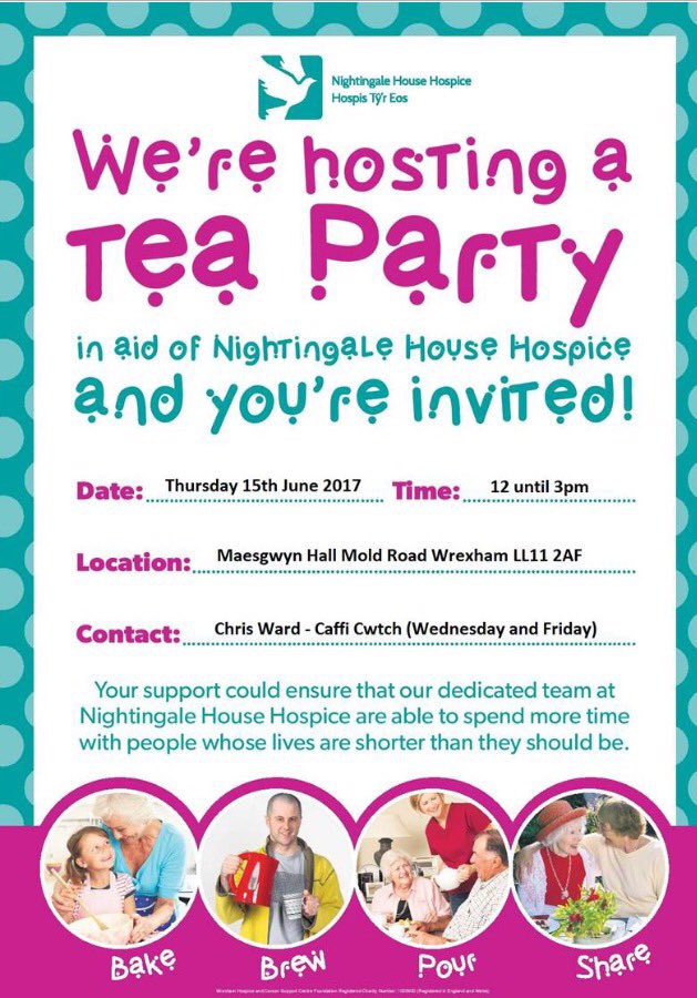 Come along to Maesgwyn Hall, Mold Road, Wrexham for cake and to raise money for <a href="/NightingaleHH/">Nightingale House</a> 😍 <a href="/CalonFM/">Calon FM</a> can you give us a mention?!!