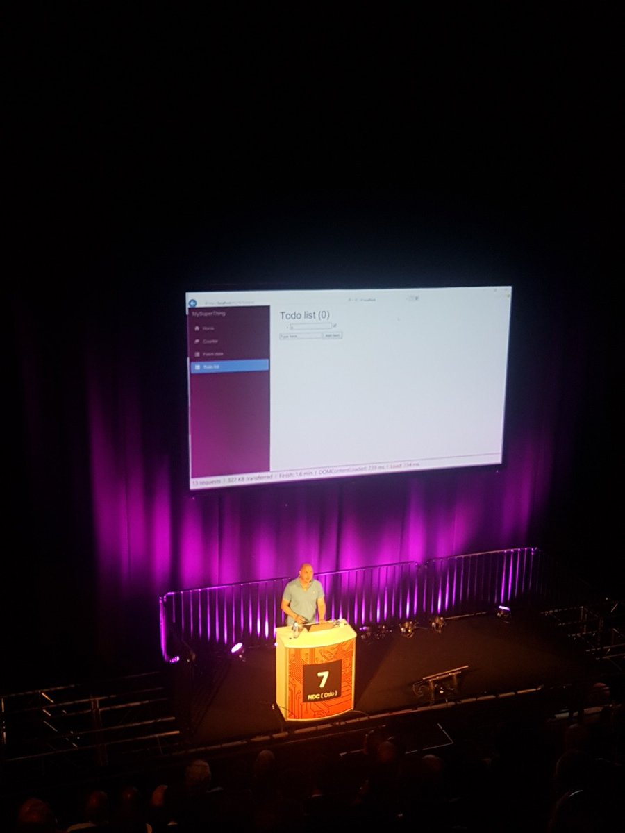 khellang's tweet image. Watching @stevensanderson doing CRAZY things with #WebAssemby, C#, Razor and Single Page Apps at #ndcoslo. Mind blown 😲