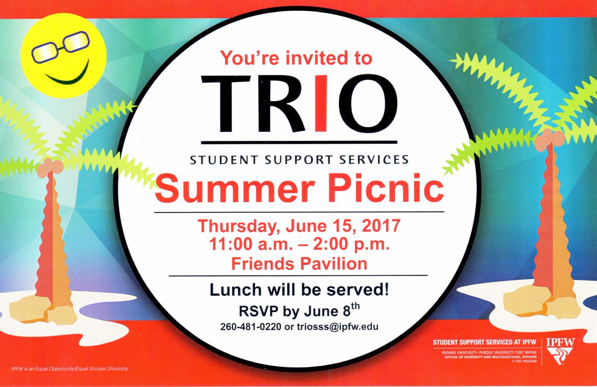 PurdueFWTRIOSSS's tweet image. TRIO Students:

Don&apos;t forget about the picnic TODAY!
Come on out to the Friends Pavilion from 11am to 2pm!