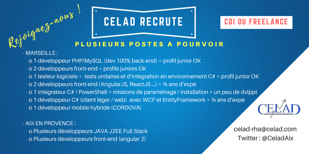 CeladAix's tweet photo. [#CELADjob] Nouveaux postes fraîchement arrivés ! #webdevelopment #php #FrontEnd #testeur #java #j2ee #Angular #reactjs #cordova #freelance https://t.co/H7qUW9wrm6