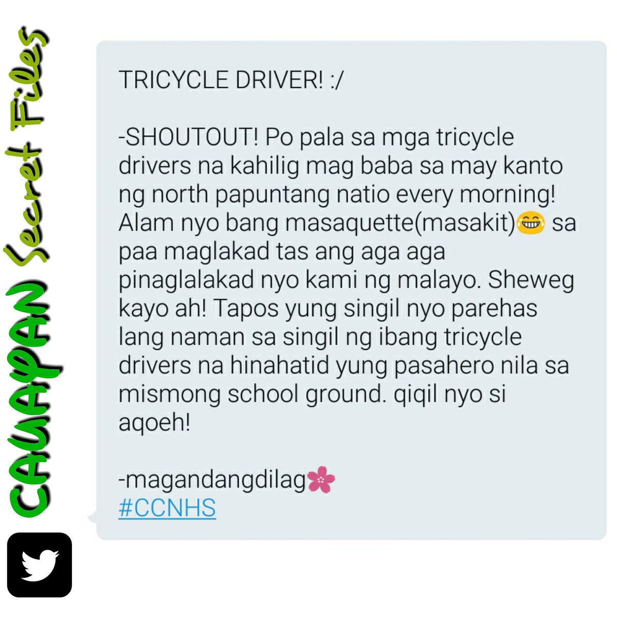 this_mahalima's tweet photo. SHOUTOUT PO SA MGA TRICYCLE DRIVERS SA #CCNHS 🙊🙉🙈 https://t.co/65AdgoMhpn