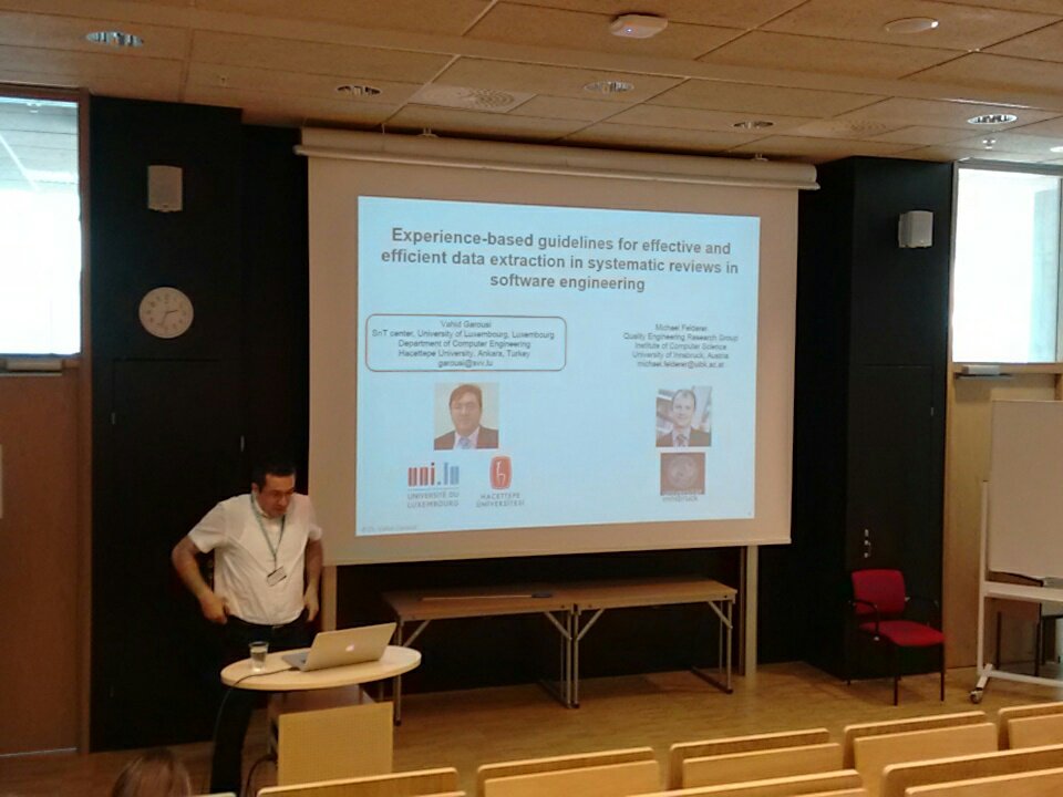mfelderer's tweet photo. @vgarousi presenting our paper on guidelines for data extraction in SLRs at #ease2017 @ease2017 https://t.co/U2FaVgP6jY