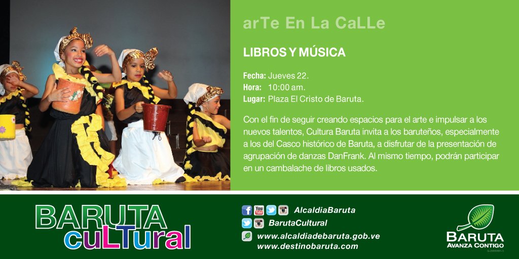 AlcaldiaBaruta's tweet photo. Intercambia tus libros usados y disfruta la presentación de la agrupación de danzas #DanFrank. Jueves #22Jun en la Plaza El Cristo #Baruta https://t.co/Yb5nJHvyPn