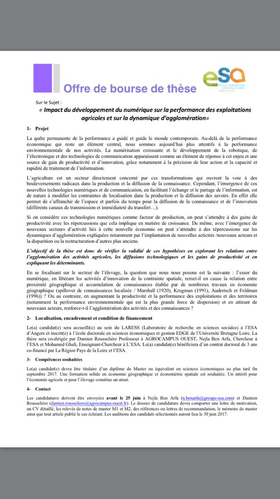 NejlaBenArfa's tweet photo. Offre de bourse de thèse économise #numerique @Groupe_ESA date limite 25 juin. https://t.co/yk3lKsJYNE