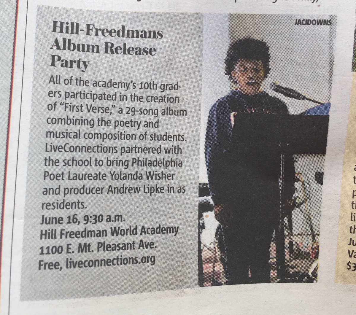 World Cafe Live Education (@wcleducation) on Twitter photo Pick up today's <a href="/MetroPhilly/">MetroPhilly</a> to see a great shot of #HillFreedman students' #FirstVerse, plus a shoutout to @yolandawisher @ <a href="/AndrewLipke/">andrew lipke</a>! Pick up today's <a href="/MetroPhilly/">MetroPhilly</a> to see a great shot of #HillFreedman students' #FirstVerse, plus a shoutout to @yolandawisher @ <a href="/AndrewLipke/">andrew lipke</a>!