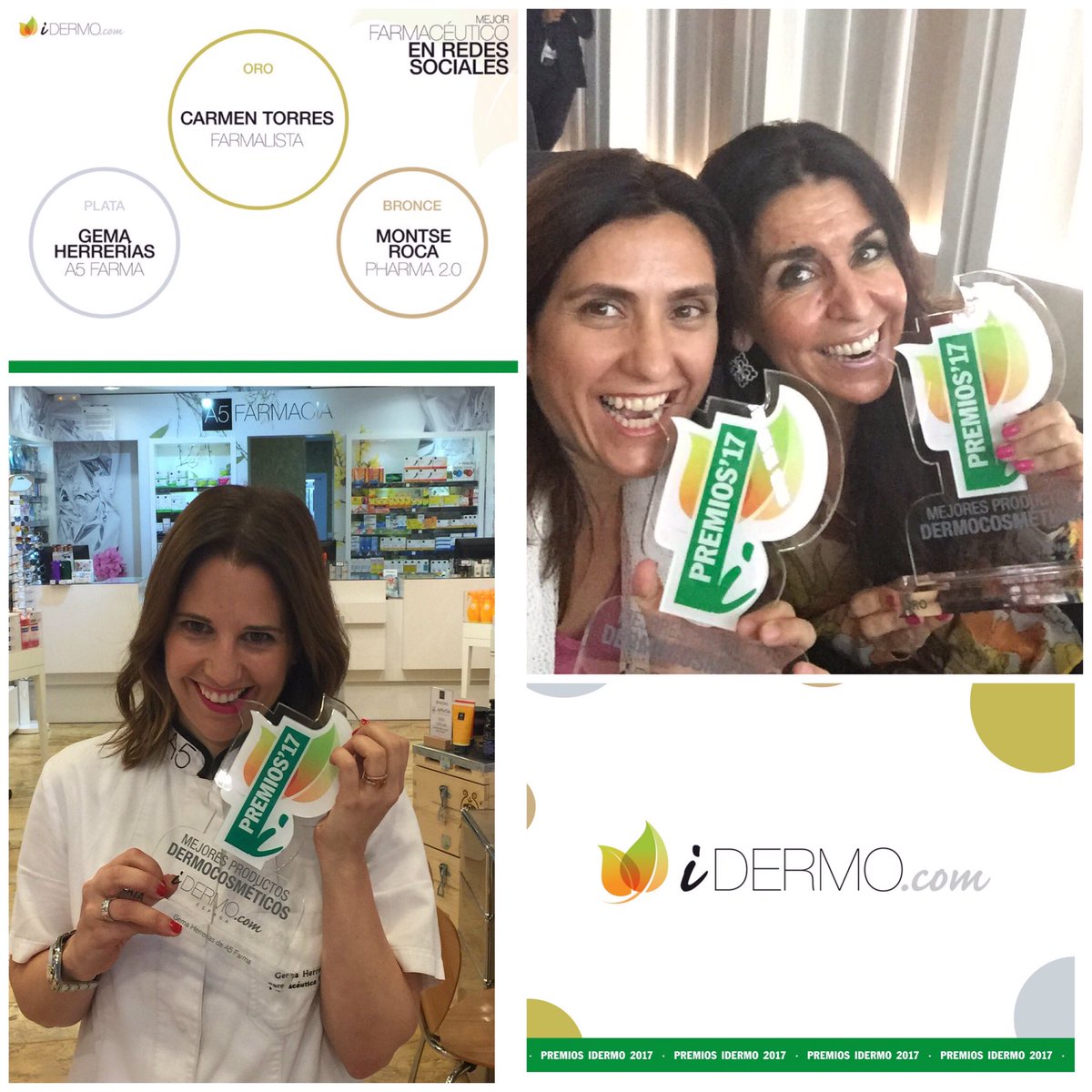 idermo_es's tweet photo. Las Ganadoras a Mejor Farmacéutica en Redes Sociales #PremiosiDermo17 #PremiosiDermo ORO @farmalista PLATA @a5farma BRONCE @MonsRoca https://t.co/T3fta3xQOn