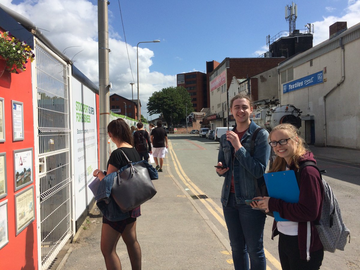 GeographyCMCNet's tweet image. Y12 Geography students collecting primary data on the impacts that the #Redrock regeneration will have on Stockport Town Centre