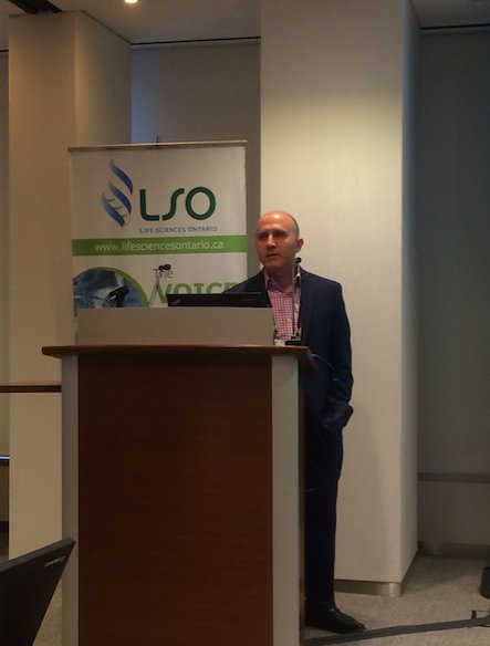 LifeSciencesON's tweet photo. Ali Riazi gives an overview of @biotagenics, a company focussed on unraveling the microbiota for gut health #LSOBreakfast https://t.co/5Yyj5YhSG7