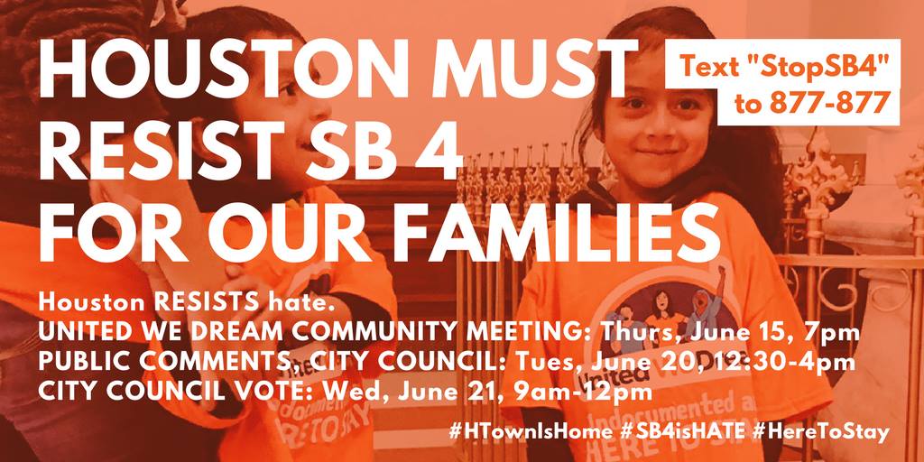 WelcomeKidsMoms's tweet photo. JUNE 20th! All out to support the fight against #SB4 in #Houston Be at City Hall at 12:30pm. Details: https://t.co/0ymErzeRJt #sb4ishate https://t.co/xLrg56udi6