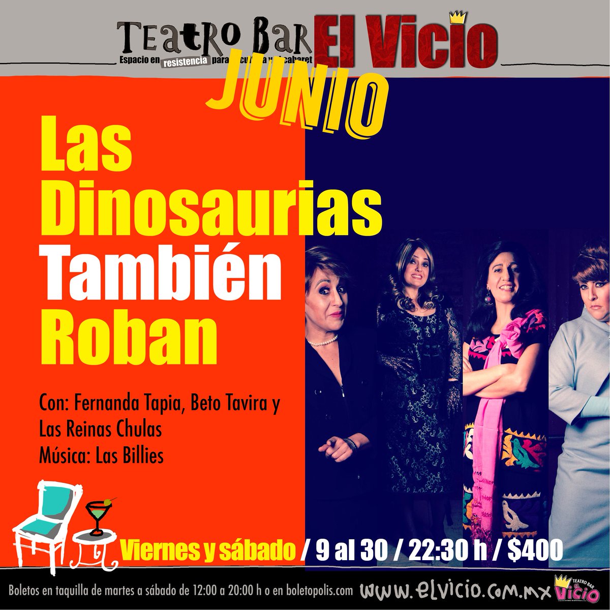 HOY de 3 a 5pm tendremos el COVER a $150 para ver LAS DINOSAURIAS TAMBIÉN ROBAN en taquilla o en línea: boletopolis.com/es/agrupacion/… Vie o Sab