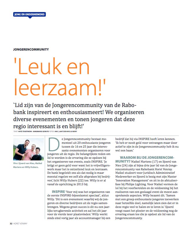 Inspire_career's tweet photo. Het artikel over onze Jongerencommunity nog niet gelezen in het Rabobank Magazine Dichterbij? Lees het artikel hieronder dan alsnog! https://t.co/rEv4JzsmkG