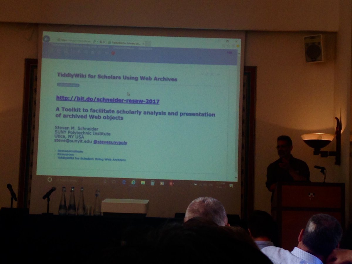 schambers3's tweet image. Now @stevesunypoly talking about using Tiddlywiki for archived web research tiddlywiki.com  #WAweek2017