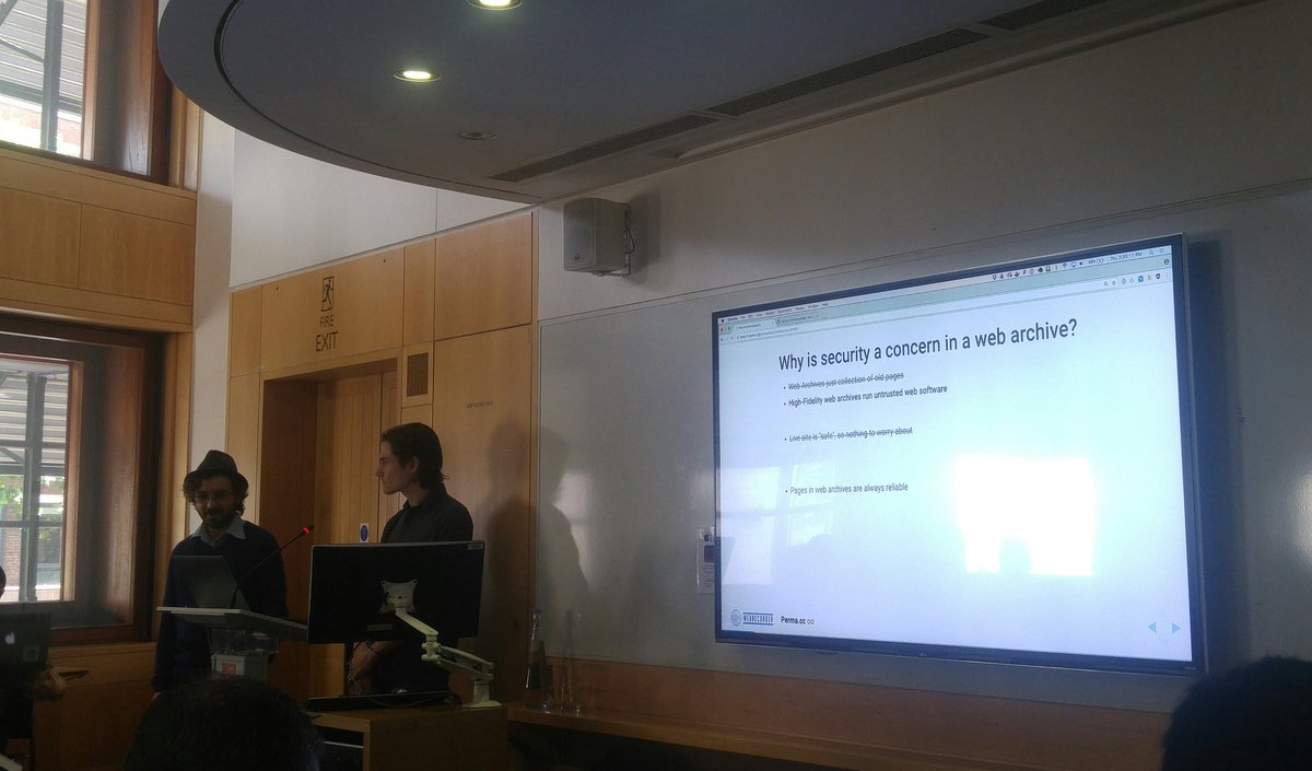 LozanaRossenova's tweet image. Ilya Kreymer from @webrecorder_io &amp;amp; Jack Cushman from @permacc cover crucial security concerns for web archives at #WAweek2017 tech track.
