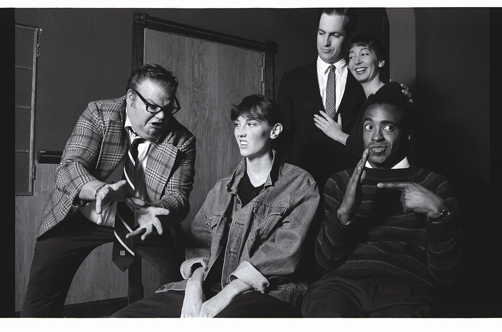 Chris Farley, Jill Talley, Bob Odenkirk, Holly Wortell and Tim Meadows in "Matt Foley, Motivational Speaker" at <a href="/TheSecondCity/">The Second City</a> in '90. #Tbt