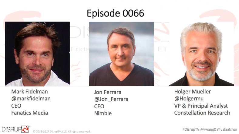 DisrupTVShow's tweet photo. Check out #DisrupTV Friday for interviews with @markfidelman, @Jon_Ferrara & @holgermu https://t.co/XfRteFwfUu @ValaAfshar @rwang0 https://t.co/f0Vs3Bk8t4