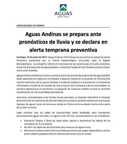 aguas_andinas's tweet photo. #AAInforma Aguas Andinas se prepara ante pronósticos de lluvia y se declara en alerta temprana preventiva https://t.co/ed7DFvuKH0