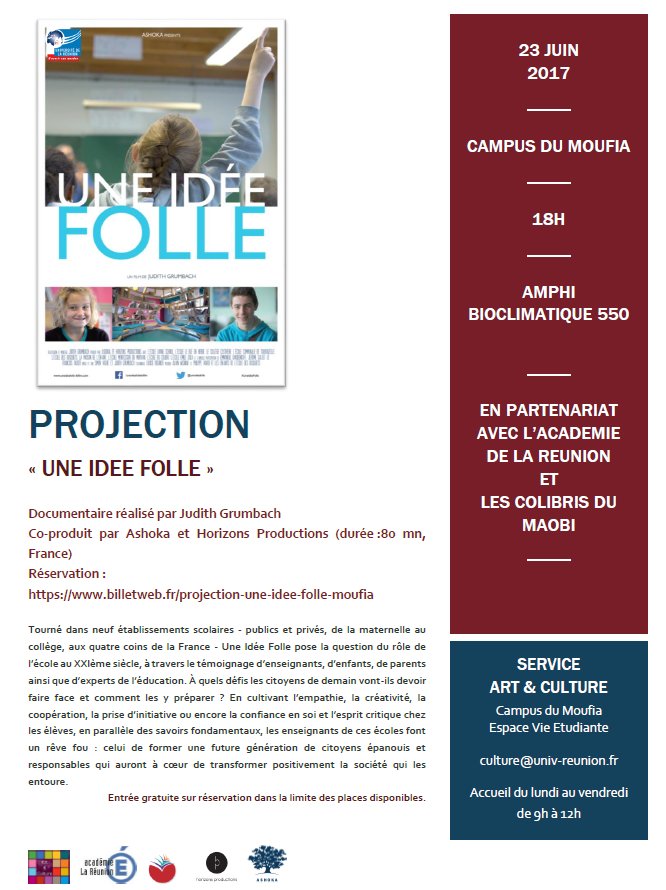 's tweet image. Le 23.06.2017 @Univ_Reunion film #UneIdéeFolle (gratuit) mais il faut réserver ici : billetweb.fr/projection-une…
A bientôt !