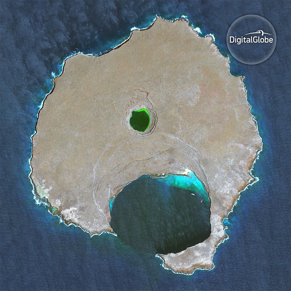 vantortech's tweet image. Volcanic horse-shoe shaped Genovesa Island, also known as Bird Island, taken by #WorldView2. #NaturePhotographyDay