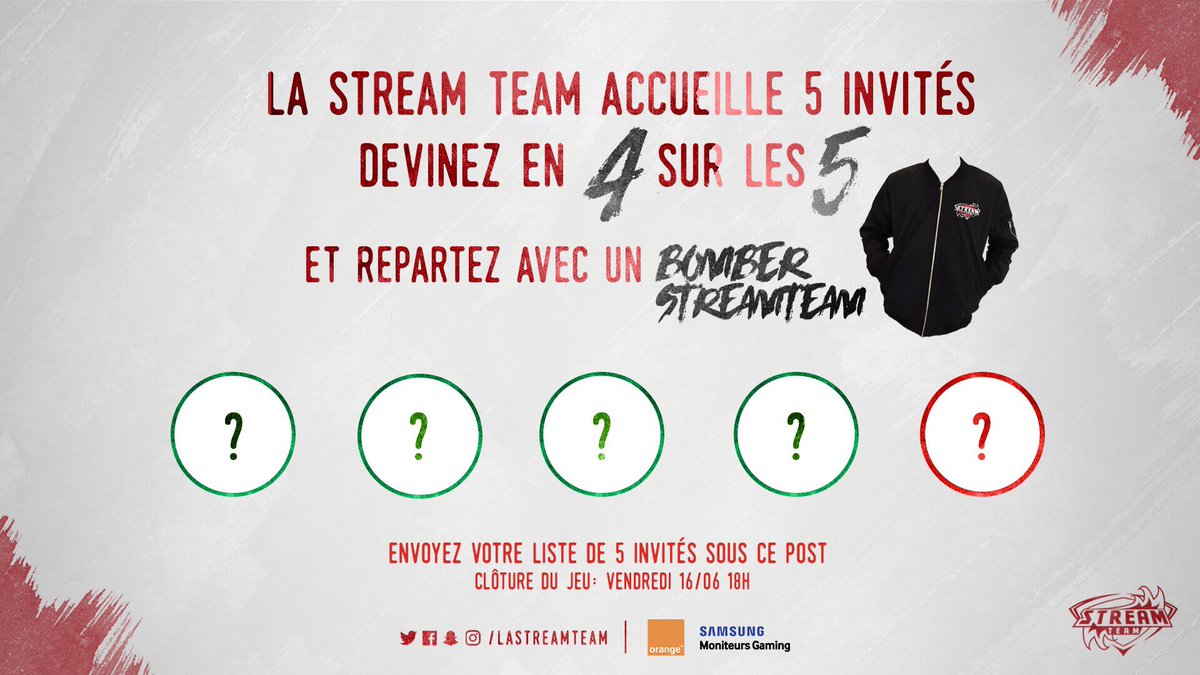 DomingoTV's tweet photo. Mardi prochain on accueille 5 invités dans #LaStreamTeam ! Trouvez en 4 sur 5 pour gagner votre bomber 🎁
Indice : pas d'indice 😇 https://t.co/XISJK53xqI
