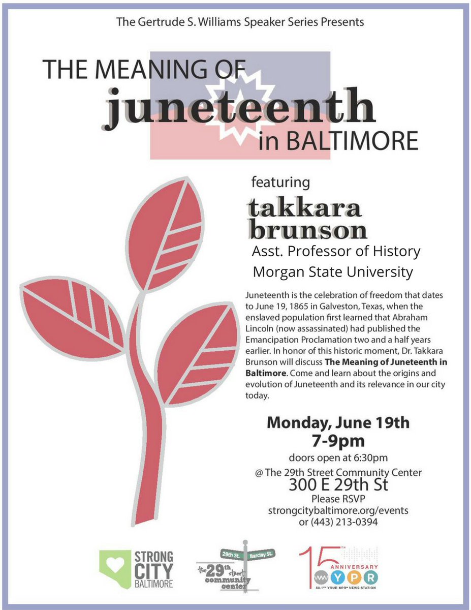 Hope to see our friends from <a href="/waverlymainst/">Waverly Main Street</a> this Mon @ 7pm for our "The Meaning of Juneteenth in Baltimore event"! 
goo.gl/Gz5WqK