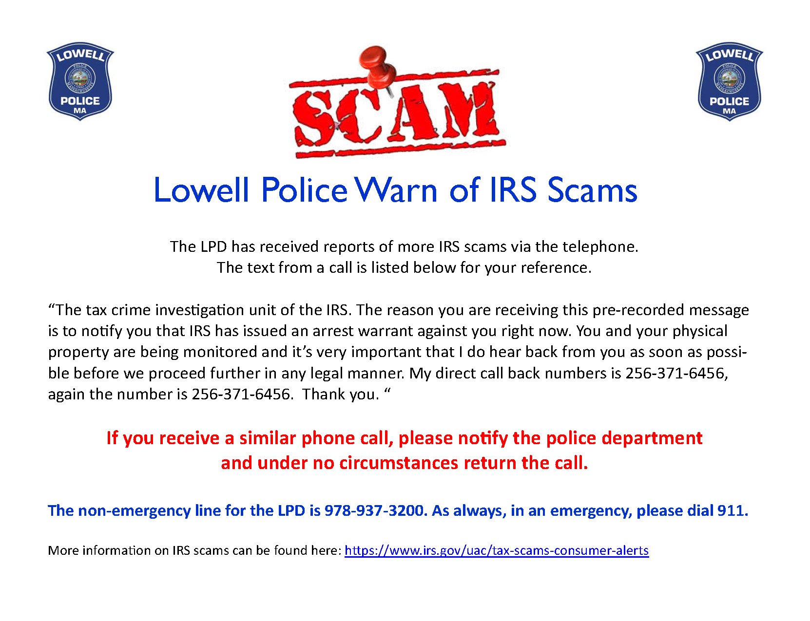 Lowell PD on Twitter "Scam Alert The LPD has received reports that