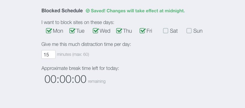 Just released! 🚀

You can now set breaks and schedule the days you'd like site blocking to be active. bit.ly/2sMjv2L