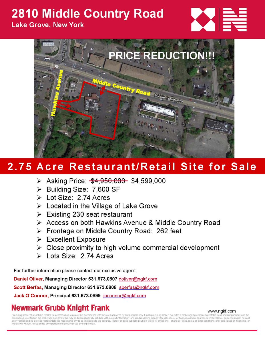 LongIslandCRE's tweet image. PRICE REDUCTION! $4,599,000 / 2.75 Acre Restaurant-Retail Site for Sale.
Lake Grove, NY 631-424-4800 Dan Oliver, Scott Berfas #LIBN #CRE