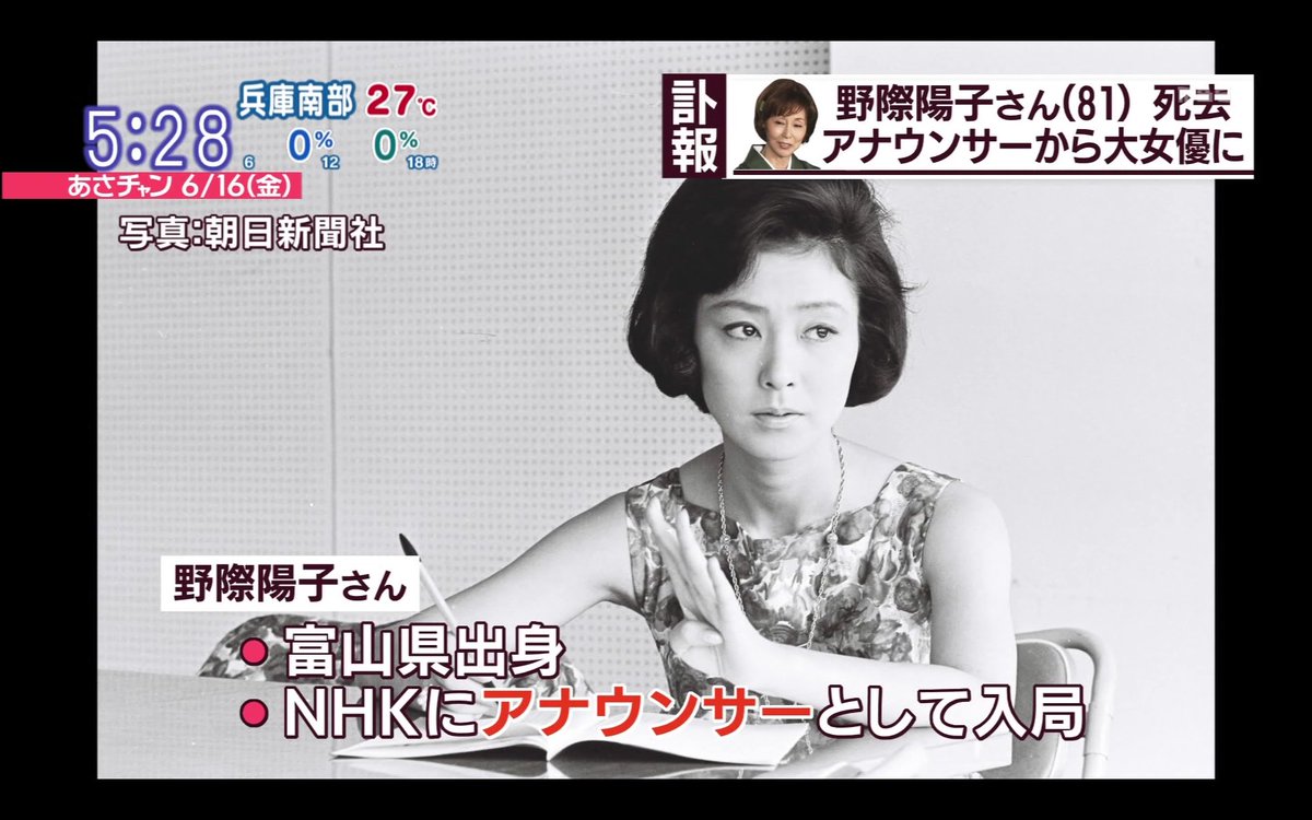 わび さび A Twitter 女優として 野際陽子さん 本日 徹子の部屋 追悼番組に Nhk 繋がりで徹子さんもショックでしょうか ドラマは キイハンター などtbs が多い 女子アナから女優に転身ブレイクの経歴 またミニスカート第一号とも あさチャン 野際陽子