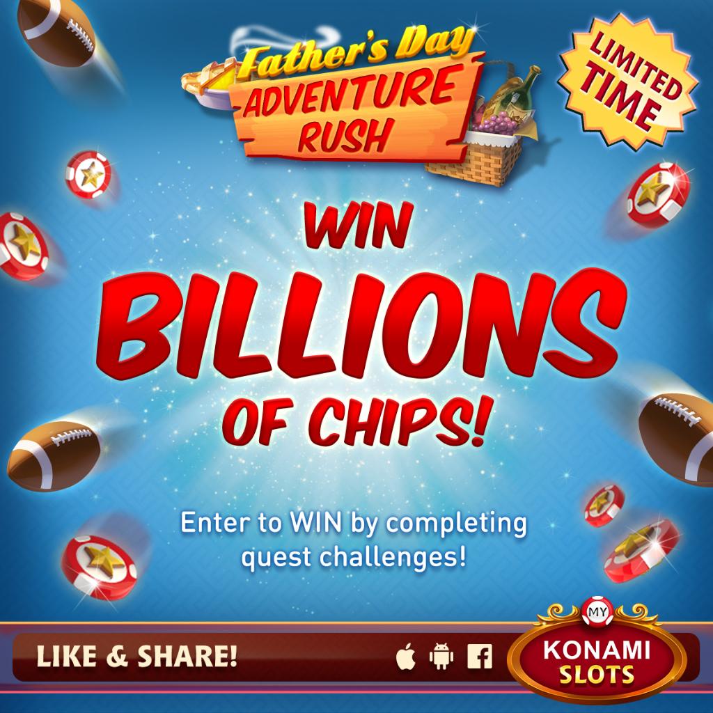 myKONAMISlots's tweet photo. The RUSH is here! Spin into your fave my KONAMI SLOTS game and be entered to win BILLIONS of chips! #fathersday #adventurerush https://t.co/cDRqCNKFXk