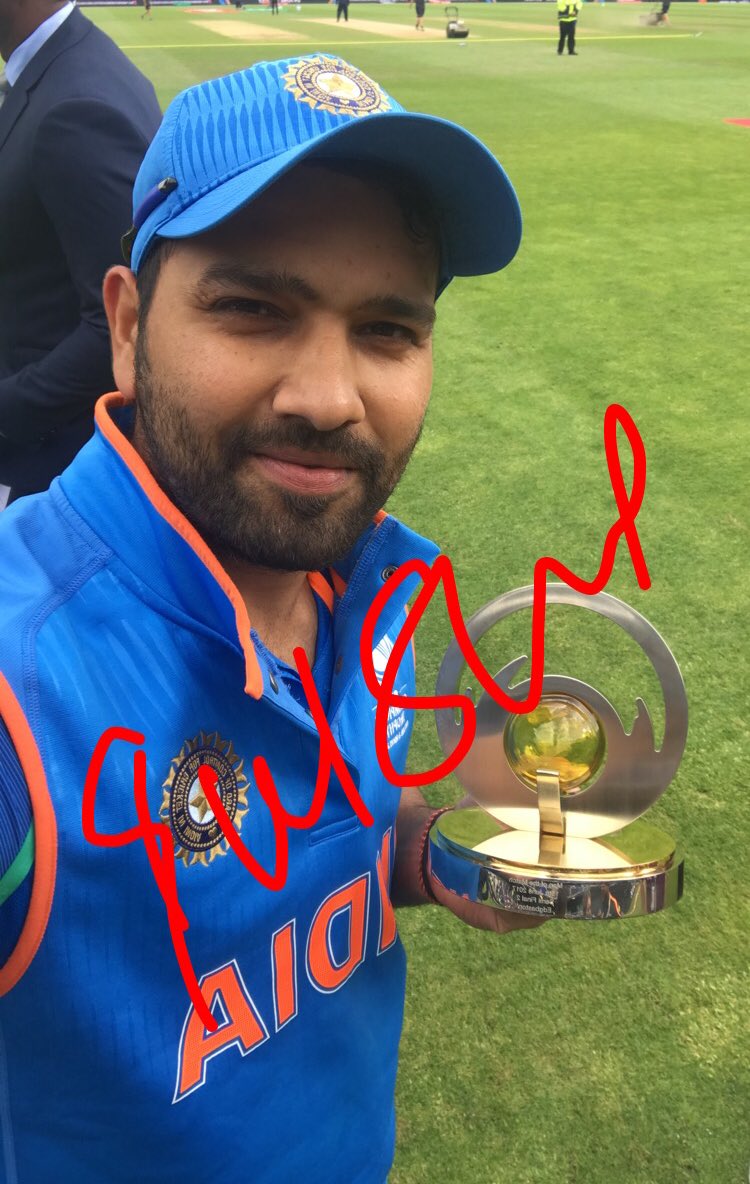 ICC's tweet photo. 15 fours, 1 six, 123 runs 👊

Of course Player of the Match is @ImRo45 after that incredible 💯

#BANvIND #CT17 https://t.co/vuqe8fEAU4