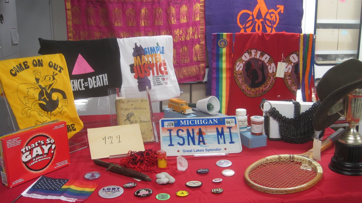 #LGBTHistory objects <a href="/amhistorymuseum/">National Museum of American History</a>: banners,buttons,Tees,70’s wiccan (crystal,ritual knife)HIV-related,metal jock,intersex license plate