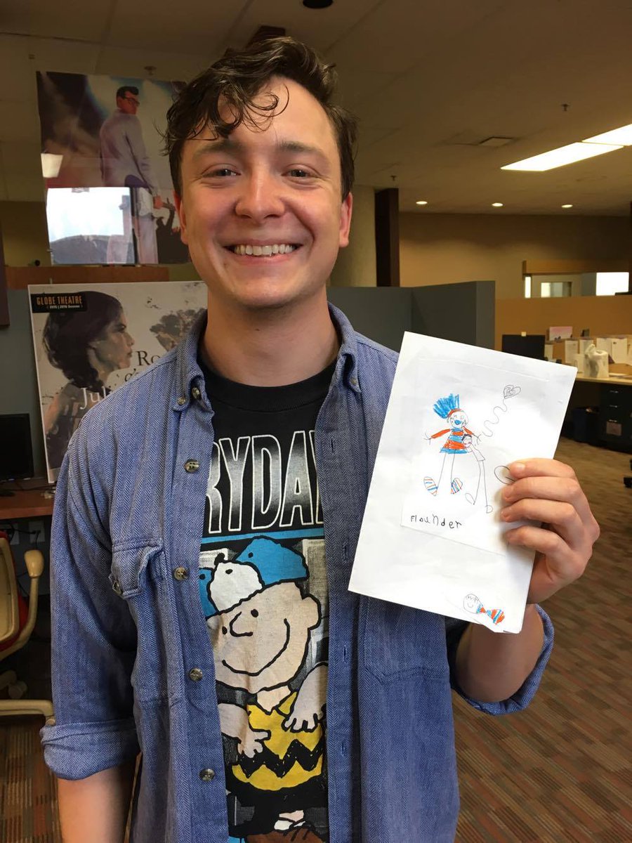 GlobeTheatreYQR's tweet photo. More mail! Flounder (Addison Becker) was surprised with a lovely card from his biggest fan, Esime. #TheLittleMermaid #MermaidLive https://t.co/kQLLDvvNVR