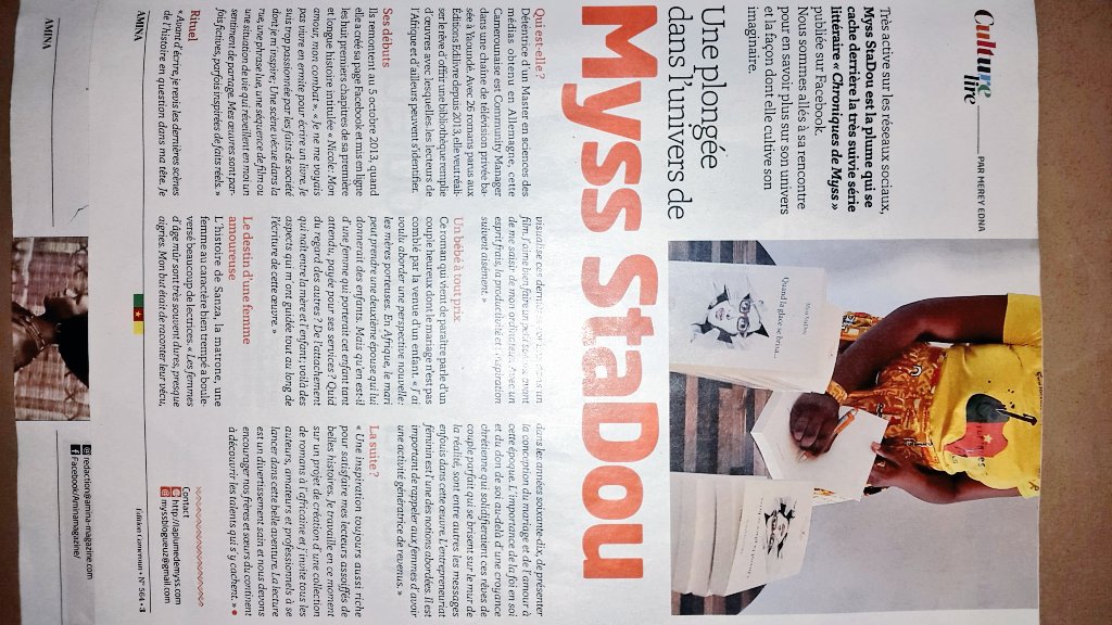 MyssStaDou's tweet photo. Un article sur moi dans le numéro 564 d'Avril 2017 du magazine Amina.
#MyssStaDou https://t.co/6aARElcLL5