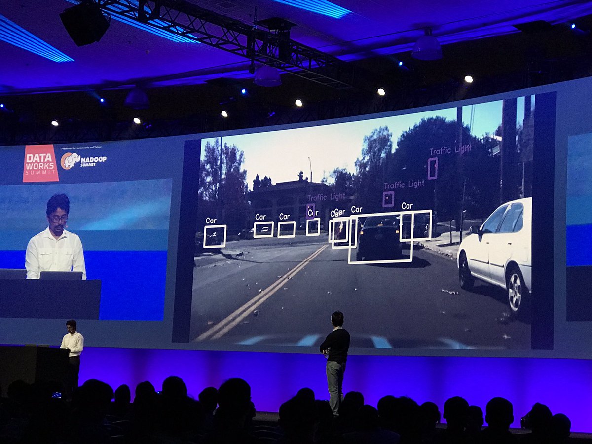 Jaraxal's tweet image. Hadoop 3.0 - using tensorflow in containerized app on YARN for self driving cars! #DWS17 @hortonworks @HortonworksGov #hadoop3 #hdp
